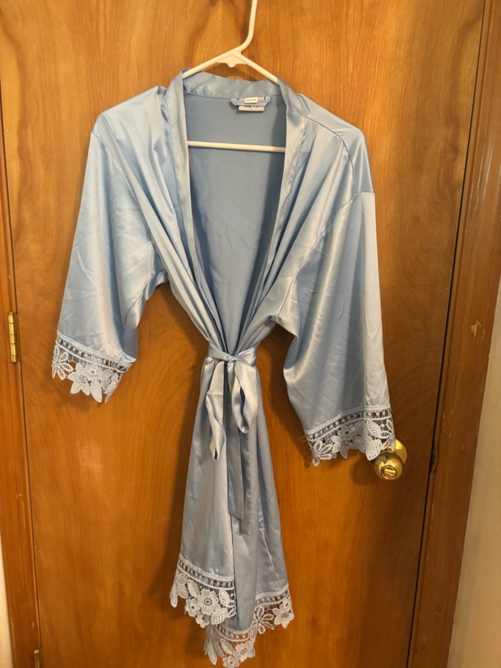 Satin Lace-Trim Robe - Light Blue